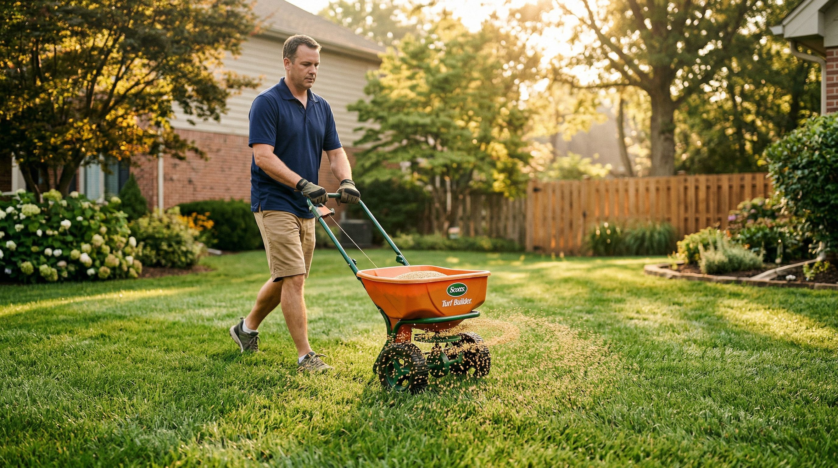 Fertilizer spreader on lawn