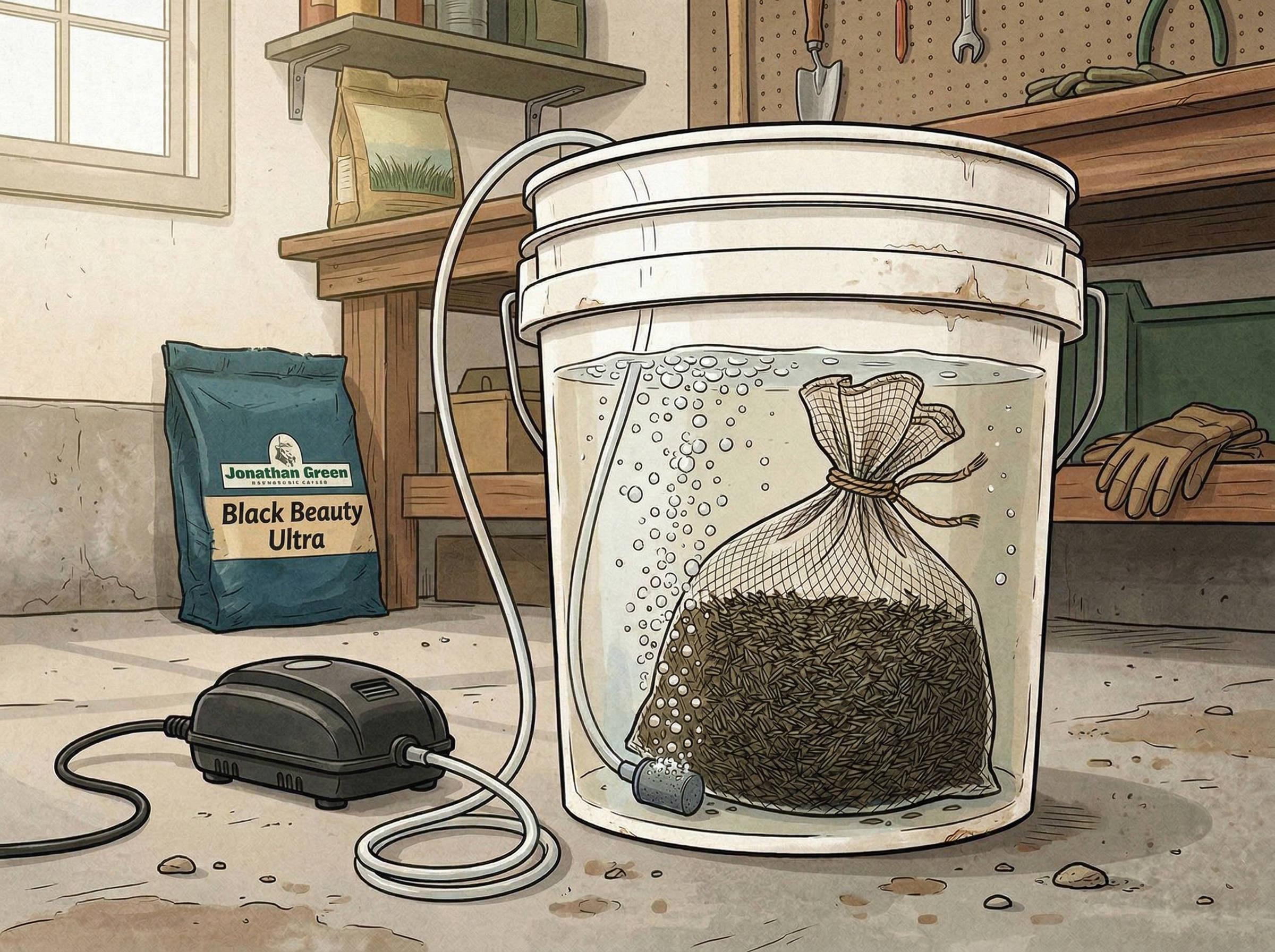 Aerating grass seeds with an air pump and bubbler during pre-germination