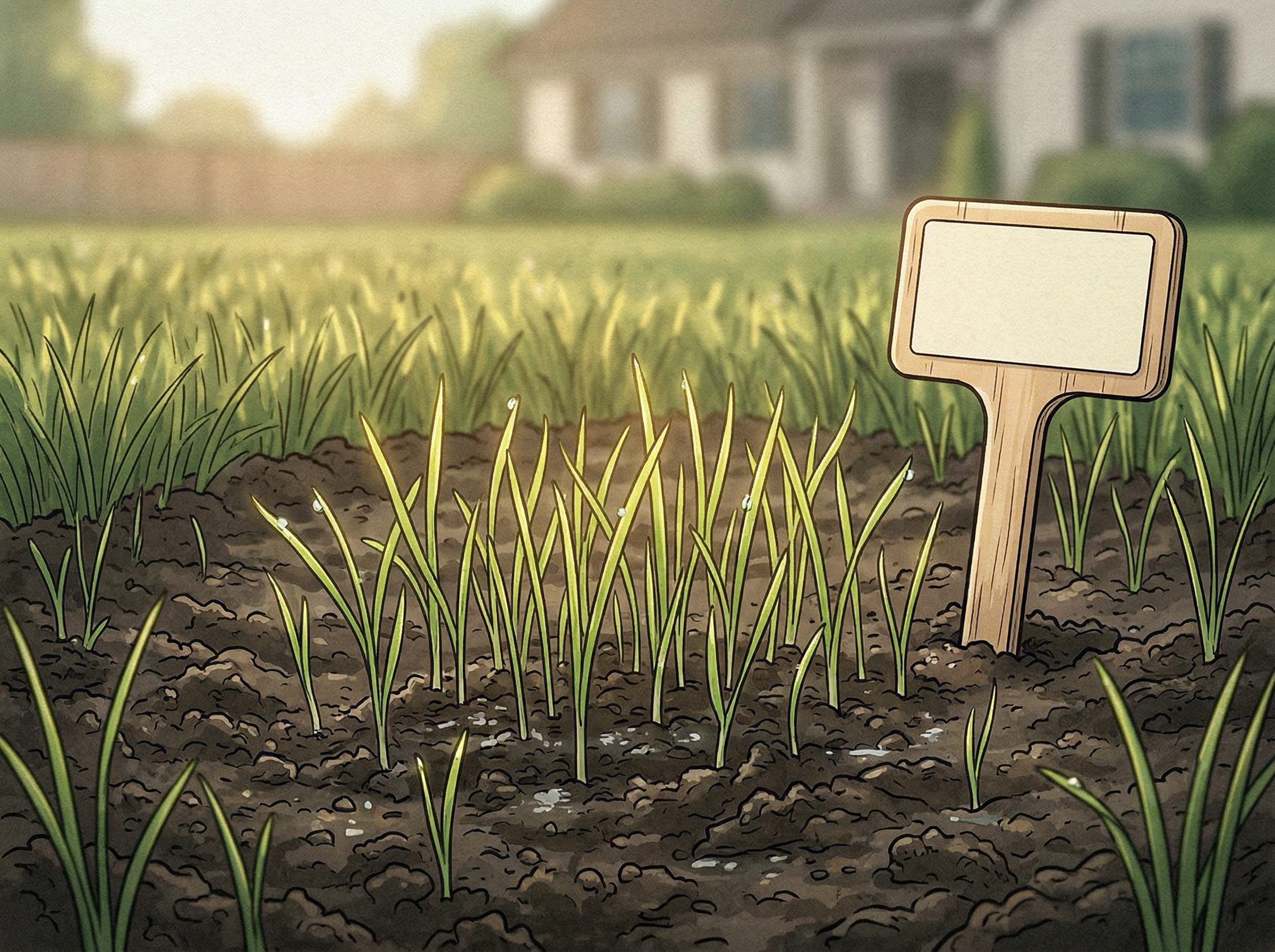 Young grass seedlings sprouting after pre-germinated seed was planted